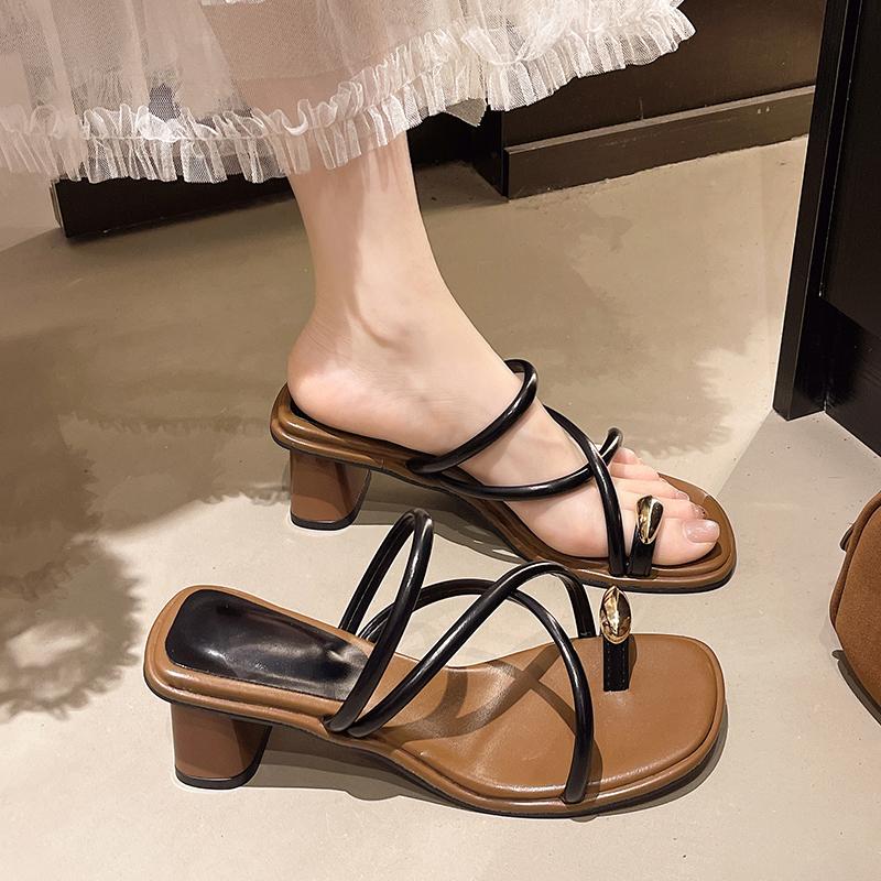 2025 New Summer Concise Meatl Clip Toe Women Slippers Thick Heels Party Pumps Mules Slide Shoes