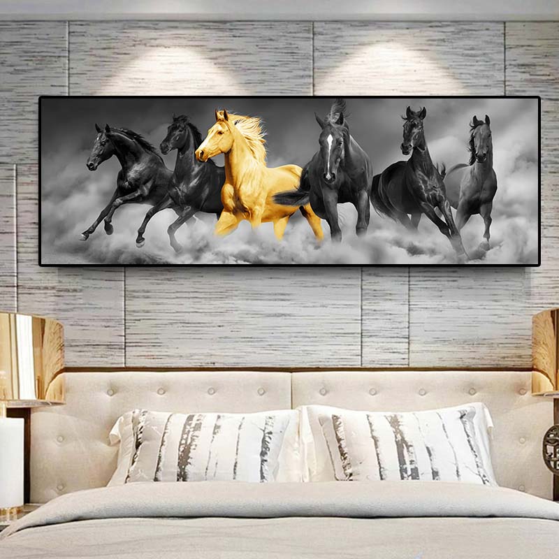 Modern Six Running Black and Gold Horse Animal Canvas Painting Posters and Prints Wall Picture for Living Room Decor No Frame