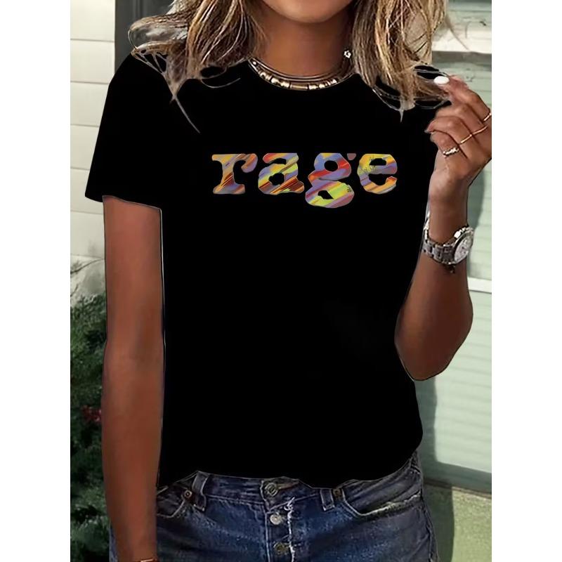 Damen 90er Y2K Retro T-Shirt Rage Print Ikonische Farben Oversized Rundhals Party Lässiges Top