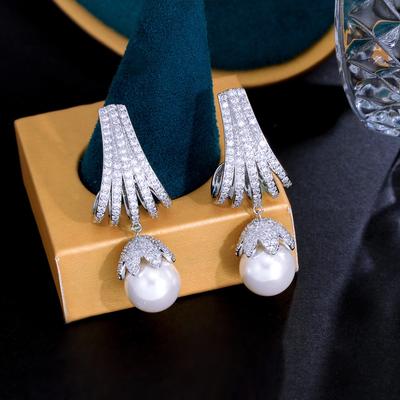 Ircons Clear White Cubic Zirconia Chic Long Dangly Drop Women Pearl Earrings for Wedding Brides Party Jewelry Gift CZ515