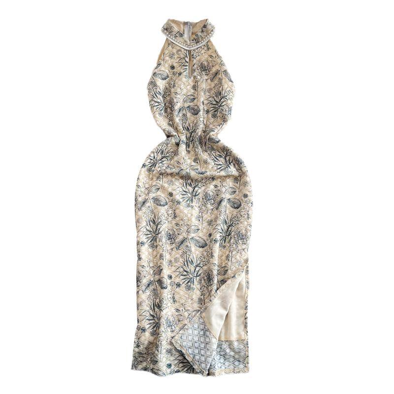 Chinese Style Ink Painting New Chinese Style Cheongsam Summer Fancy Socialite Temperament Waist-Controlled Slimming Slit Sheath Dress