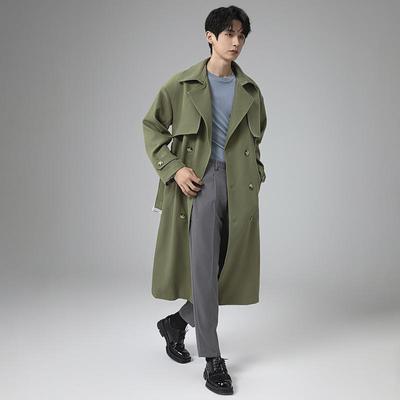 Men's Trench Coat Loose Double Breasted Notched Lapel Belted Windbreaker Long Casual Windproof Overcoat