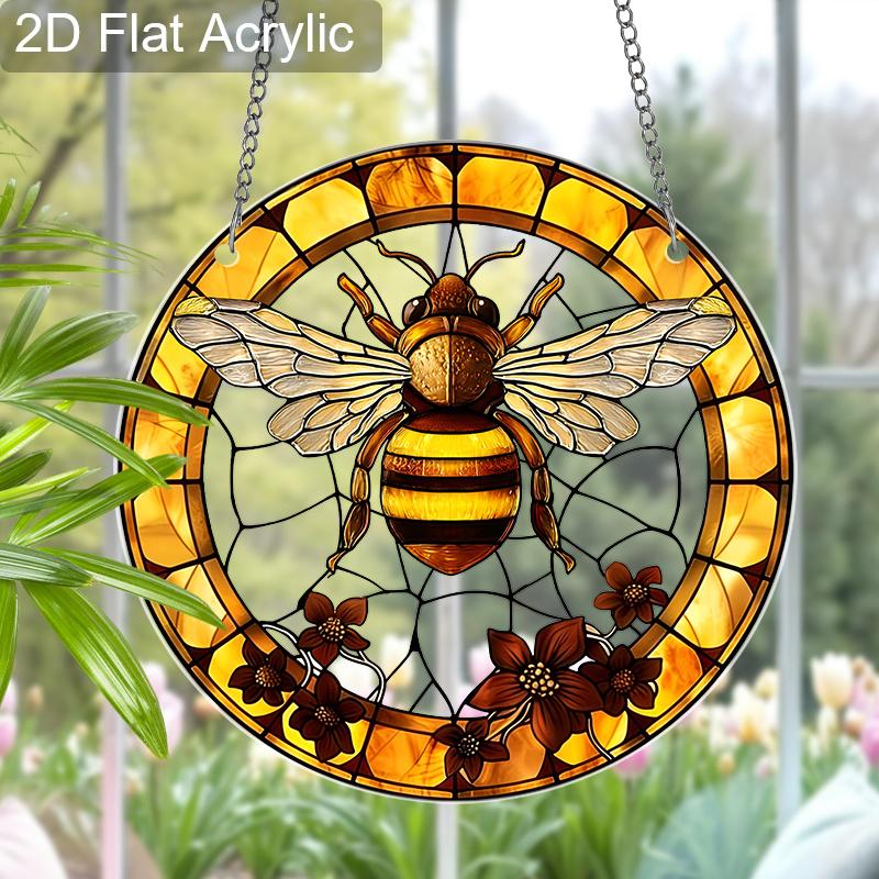 Acrylic Honey Bee with Flowers Suncatcher, Stained Glass Effect Window Hanging Ornament for Nature & Bee Lover Gifts
