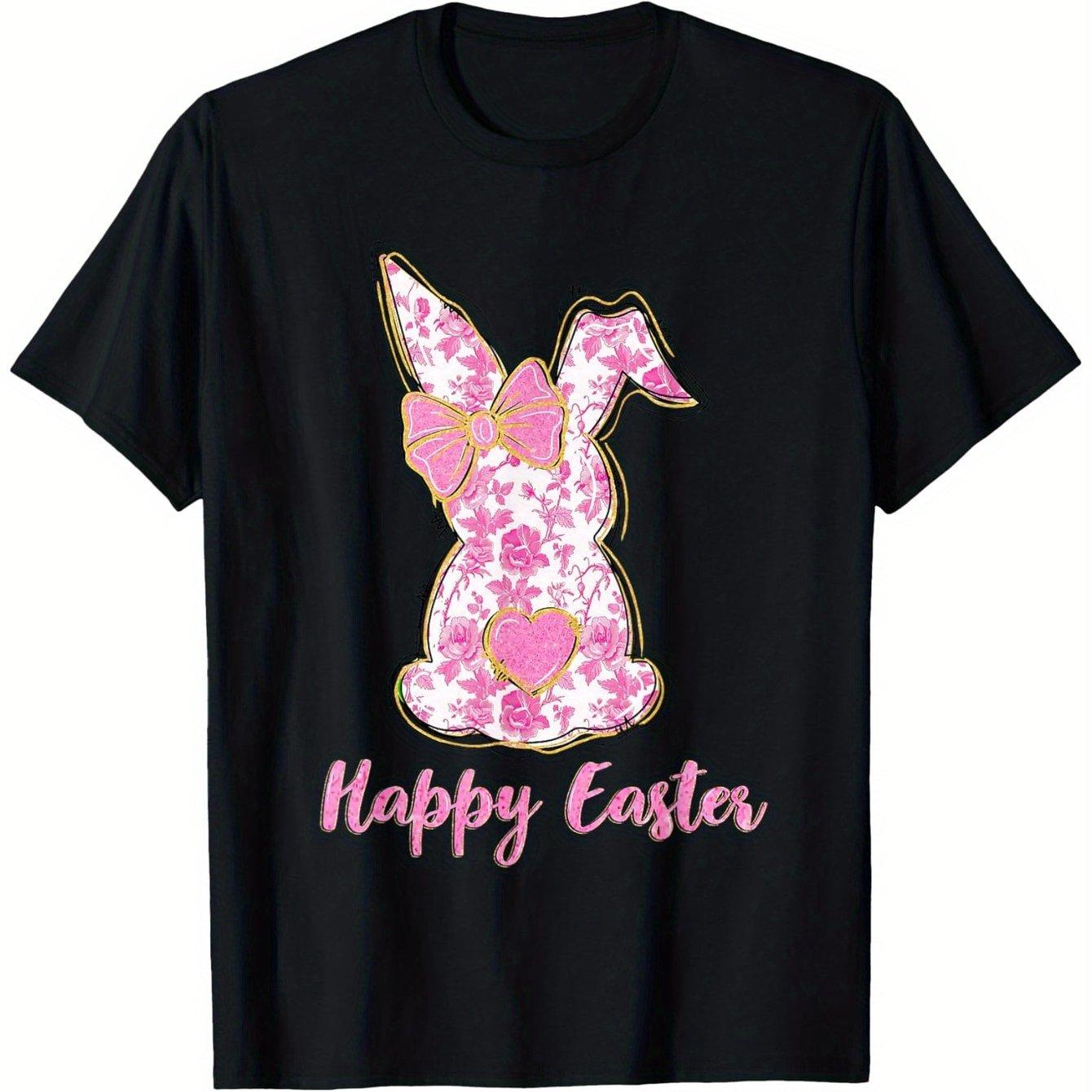 Pink Floral Easter Bunny Rabbit Graphic T-Shirt Cute Floral Festive Cotton Crew Neck Tee for Women S