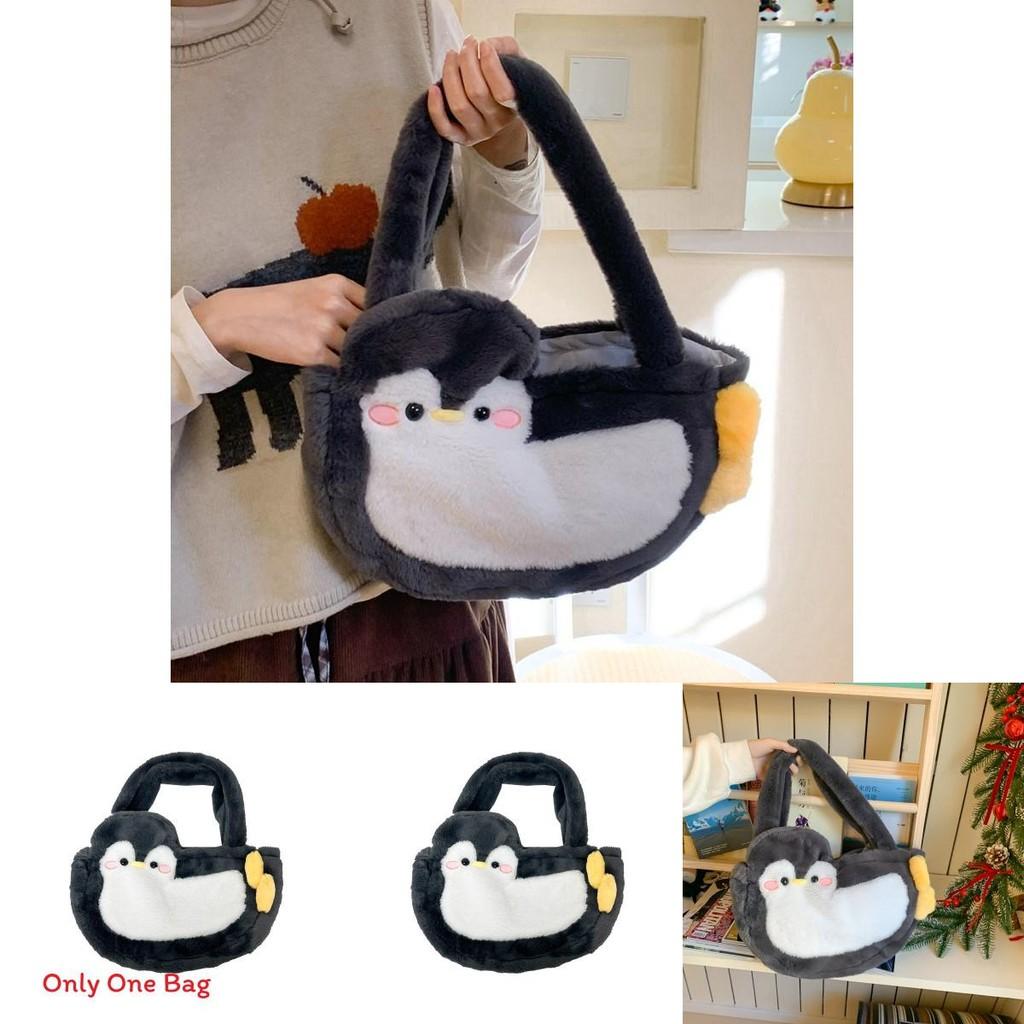 Penguin Plush Tote Bag For Girls With Soft Faux Fur And Zipper Interior