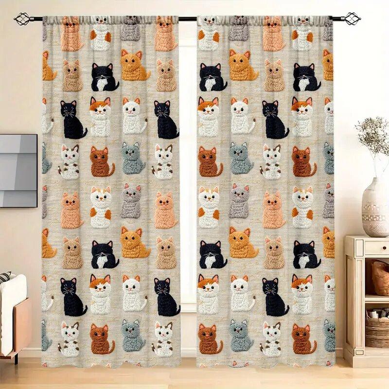 

Cartoon Cat-Printed Curtains, Christmas Decorations, Bedroom And Living Room, Home Decoration, Room Decoration 14Wx39L(35x100CM)x2&Rod Pocket