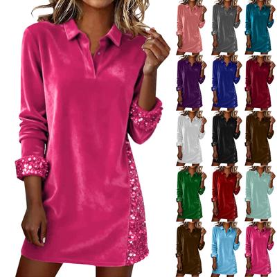 Womens Velvet Sequin Dresses Long Sleeve V Neck Collared Wedding Guest Dress Formal Cocktail Prom Party Dress