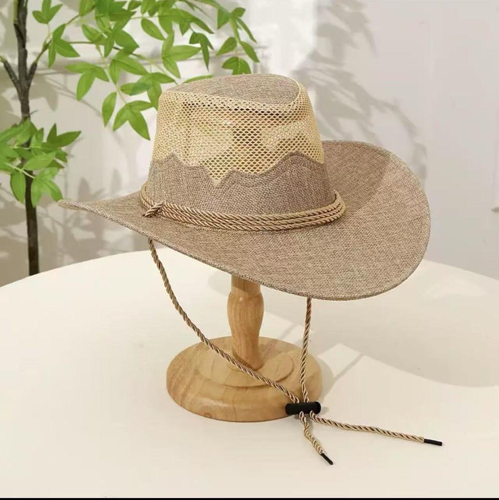 Neuer Western-Cowboyhut mit drei Seilen Touristenhut Sonnenschutz Sonnenhut Netz atmungsaktiv Leinen Jazzhut für Damen und Herren