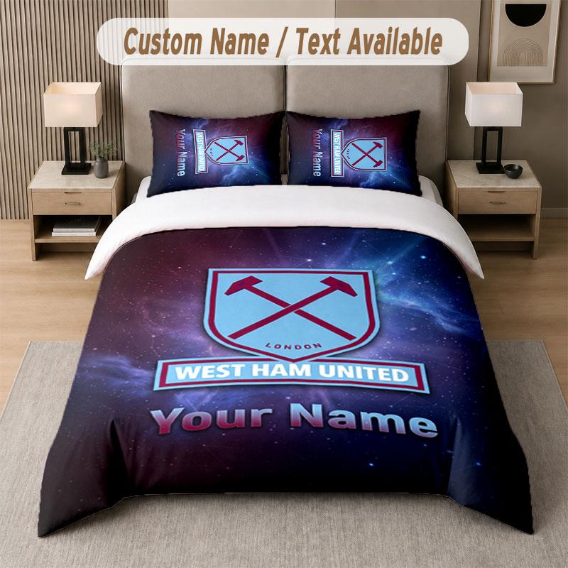 Custom Bedding Set West Ham United FC Pattern, Print Name Text 1 Duvet Cover plus 2 Pillowcases Home Textile