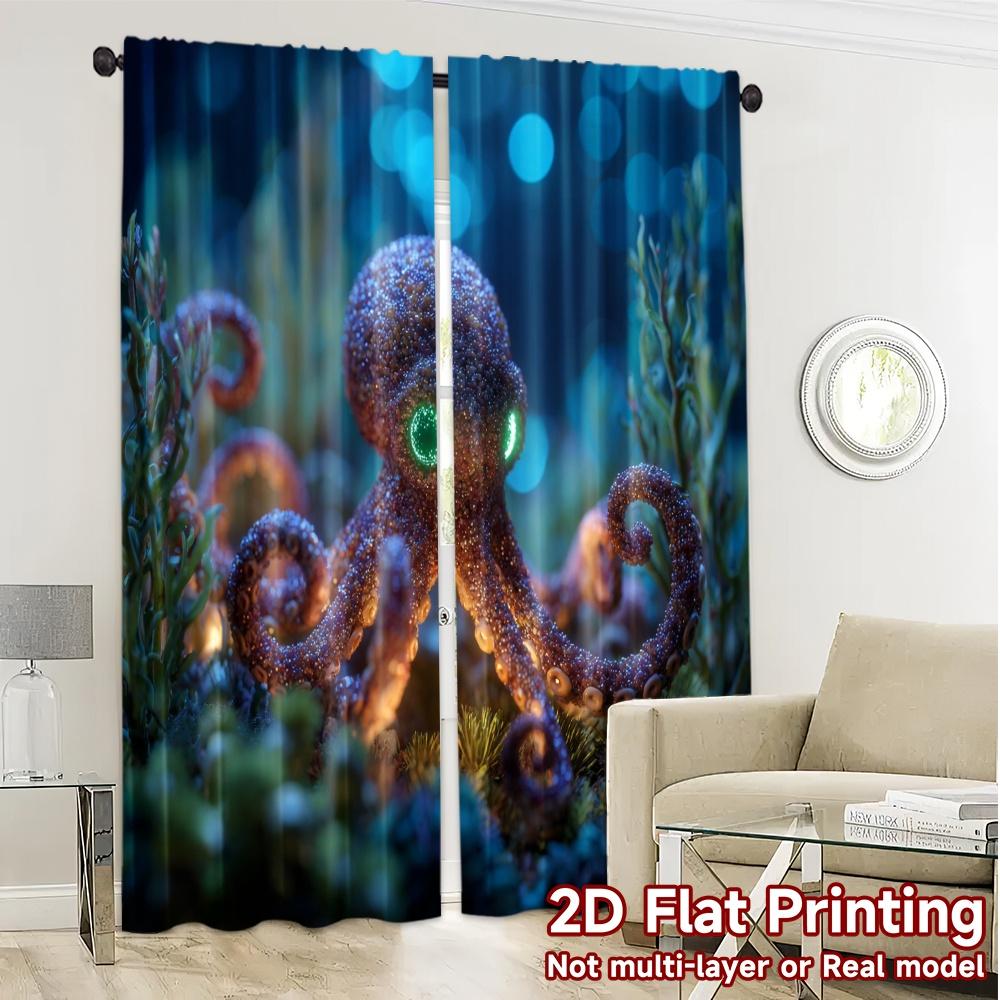 2pcs   2D FLAT PRINTING Curtains (Without Rod) Glowing Octopus Popular Pattern Curtains Yarn Curtains Thermal Insulation   and