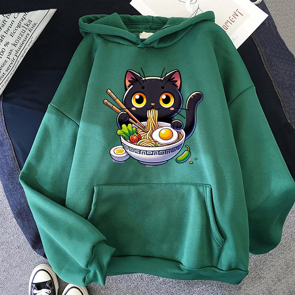 Cat Ramen Hoodie Women Harajuku Funny Cute Graphic Noodle Hoodies Unisex Japanese Anime Aesthetic Noodle Pullovers Sweatshirts