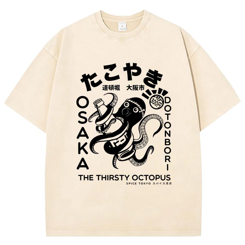 

Vintage Japanese Osaka Dotonbori Drunken Octopus Funny Meme Tshirt Unisex Women High Quality Washed Oversized 100 Cotton T Shirt 3XL