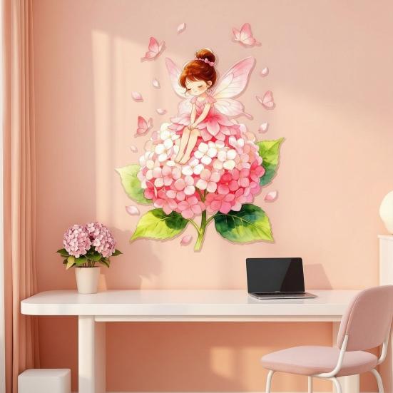 Blomsterfe Vægklistermærke, Store Lyserøde Hortensia Sommerfugl Vægdekorationer, Afskal Og Klæb Vægmaling Kunst til Piger Værelse Soveværelse Børneværelse Legeværelse
