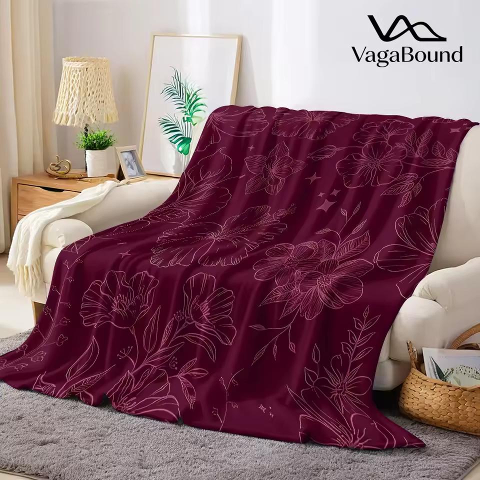 Burgundy Blooms Flannel Blanket Warm Soft Halloween Christmas Couch Warm Cozy Decorative Decor Gift for All Season