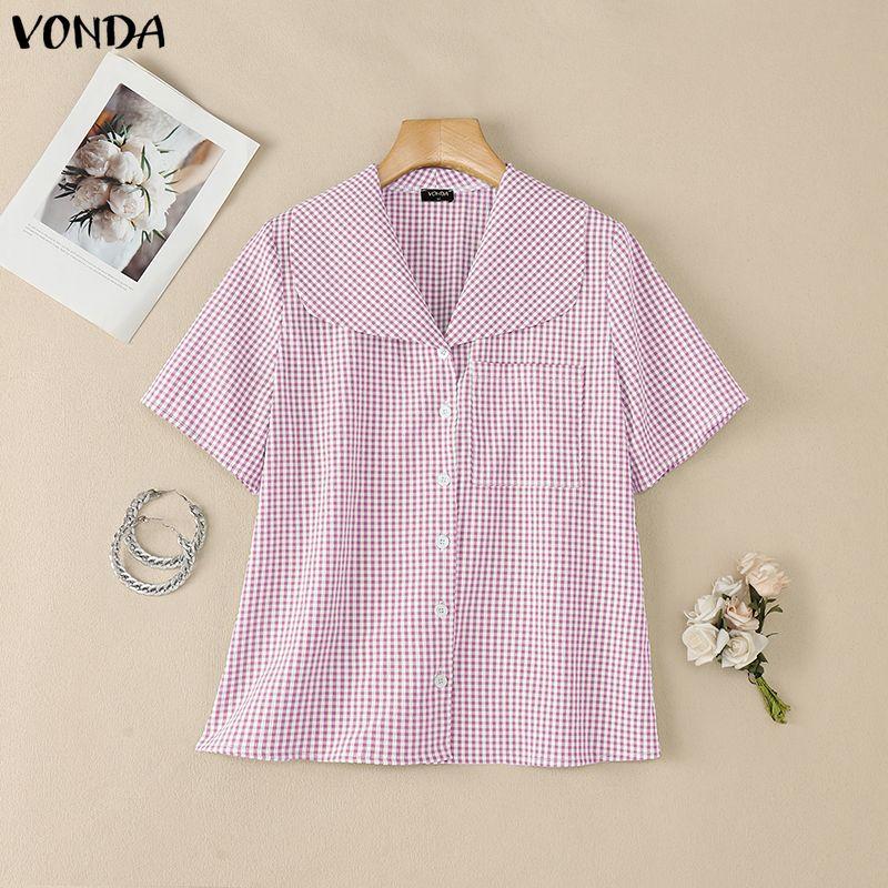 VONDA Summer Women Lapel Neck Short Sleeve Plaid Cute Casual Blouse Tops