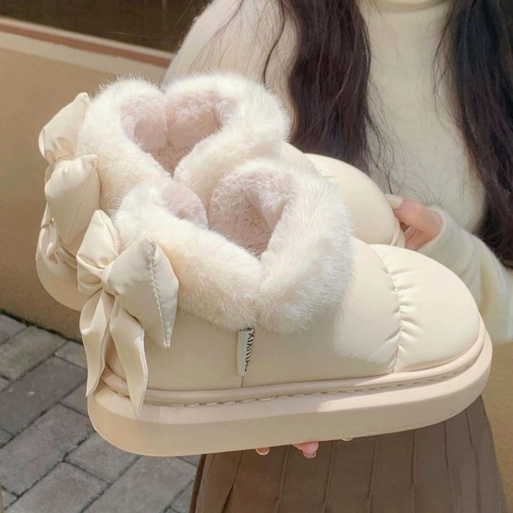 Bow Knot Short Ankle Snow Boots Women Winter Plush And Thick Insulation Waterproof Cotton Household Shoes Home Slipper Women