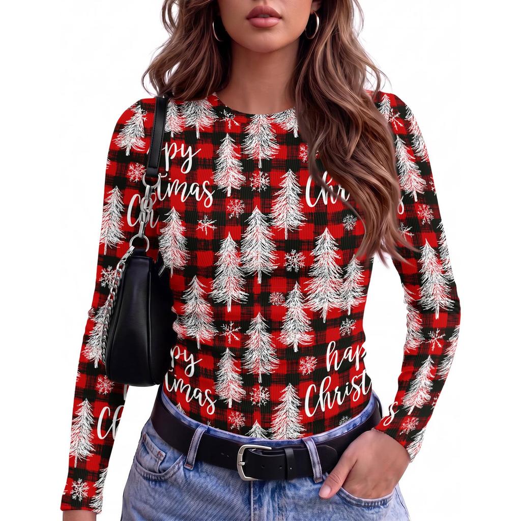 Women's Slim Fit Christmas Print Long Sleeve T-Shirt Round Neck Casual Holiday Top