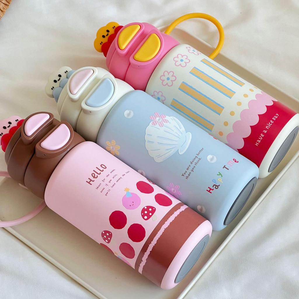 Cute Cartoon Kids Insulated Water Bottle With Double Drinking Straws For School And Travel