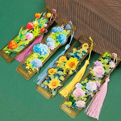 High Value Flower Metal Bookmark Rose Sunflower Hydrangea Creative Souvenir Hollow Tassel Metal Bookmark