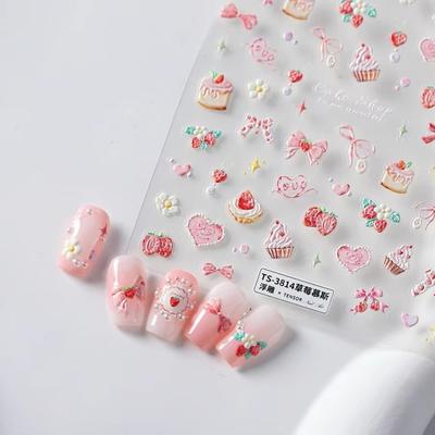 Lovely Strawberry Nail Art Stickers Bowknot 5D Embossed Reliefs Manicure Decals Self Adhesive Muffin Cream Cake Ice Cream