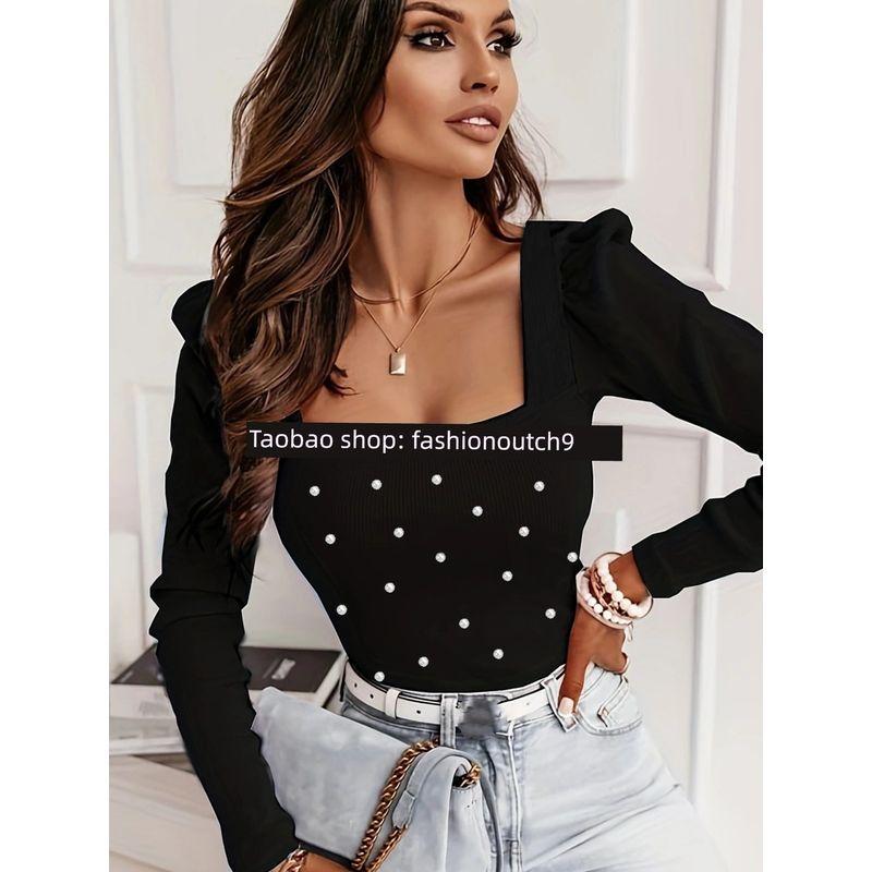 

Топ в рубчик с длинным рукавом и бусинами, однотонный, 2025 Black M