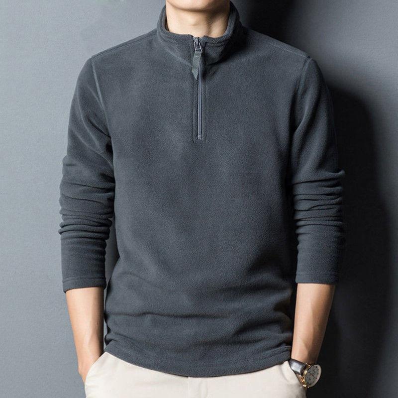 2026 New Autumn and Winter Fashion Zipper Stand Neck Casual Loose Solid Color Versatile Long Sleeved Fleece Men s Sweater M серый