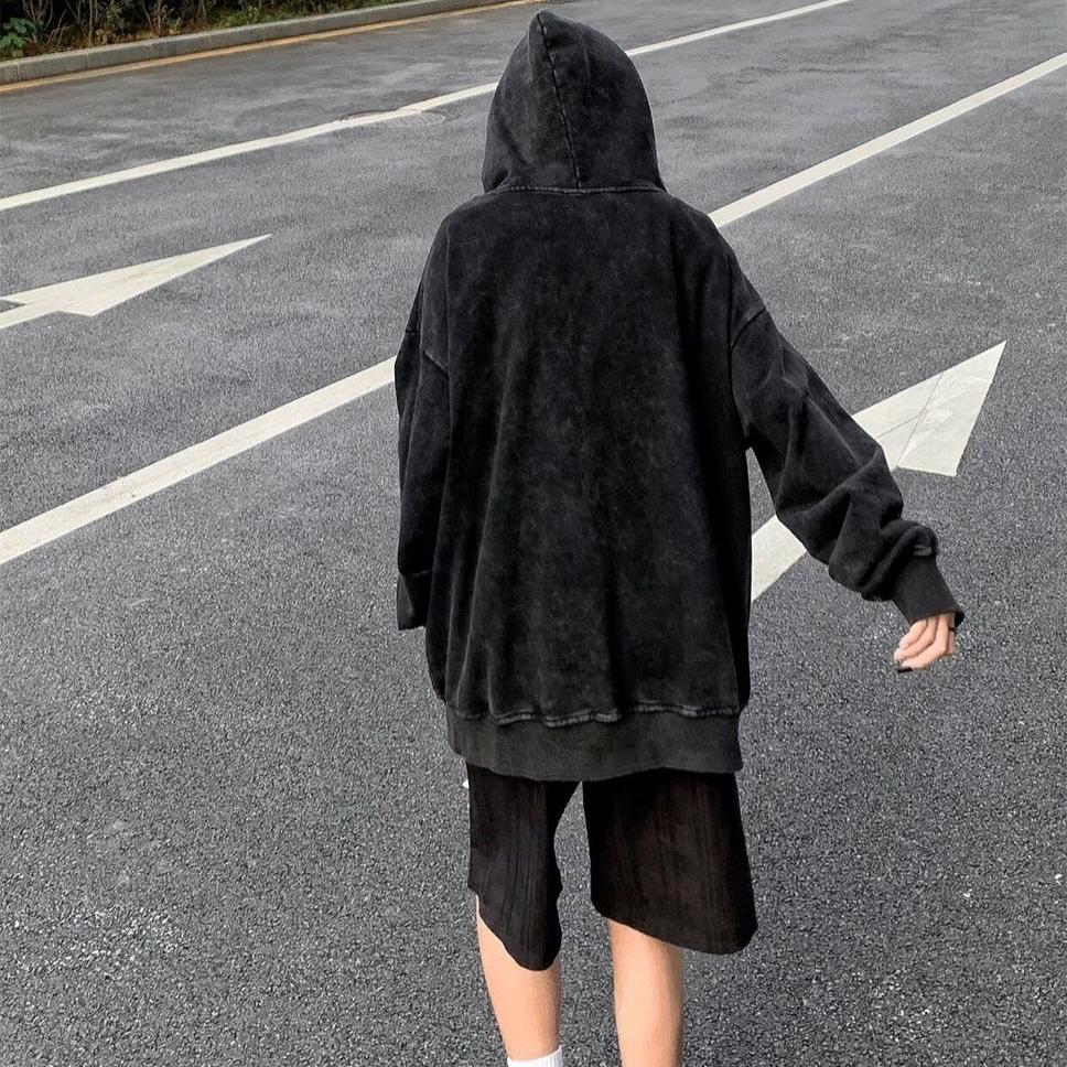 Gewaschene Distressed Hoodies Streetwear Damen Grunge Gothic Oversize Langarm Zip Up Hoodie Vintage Paar Cardigan
