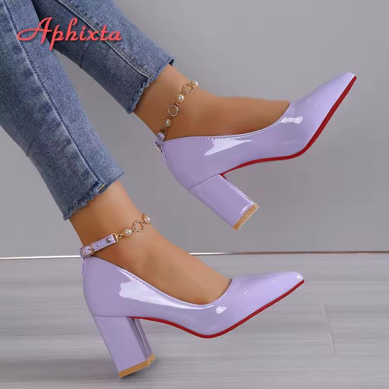 Fashion Aphixta 2024New Luxury Rhinestone Pearl Chain 7cm Chunky Heels Pumps Women Shoes String Bead Pointed Toe Bling Crystals Pumps