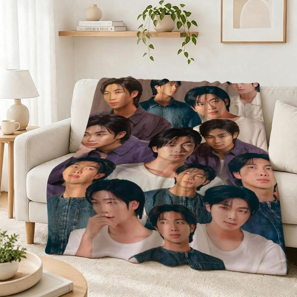 Kim Namjoon Rm Portrait Collage Print Pattern Blanket Soft Comfortable Fleece Blanket For Living Room Bedroom Recliner Home Party Decor Memorial Gift