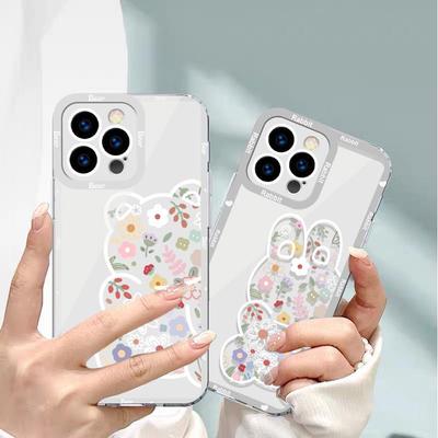 Transparente Rundumschutz-iPhone-Hülle für Apple 13 Mini, 11, 12, XS, MAX, 7, 15 mit Blumen-, Bären-, Hasen-Design.