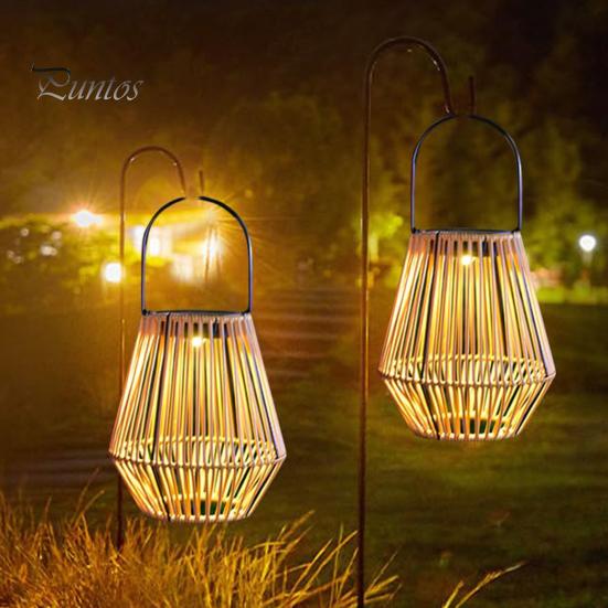 Solar Rattan Bambus Lampe med Lyssensor Automatisk PÅ/AV IP65 Vanntett Retro Stil Håndlaget dekorativ Solar Lanterne Dekor