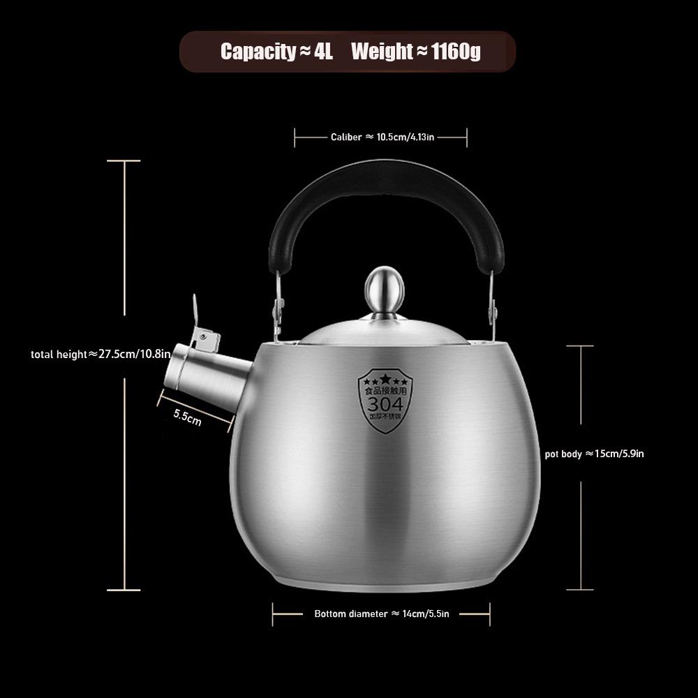 German-style 304 stainless steel whistle kettle, Large capacity tea kettle for home, Induction cooker Gas boiling water pot, 4L 4L