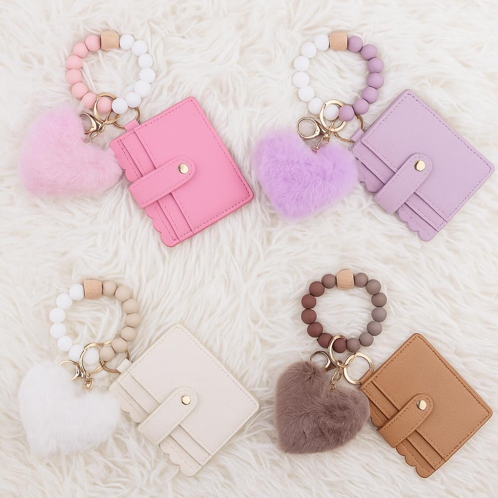 Silicone Beaded Leather Card Bag Keychain Solid Leather Leather Tassel Wallet Keychain  Casual Wear