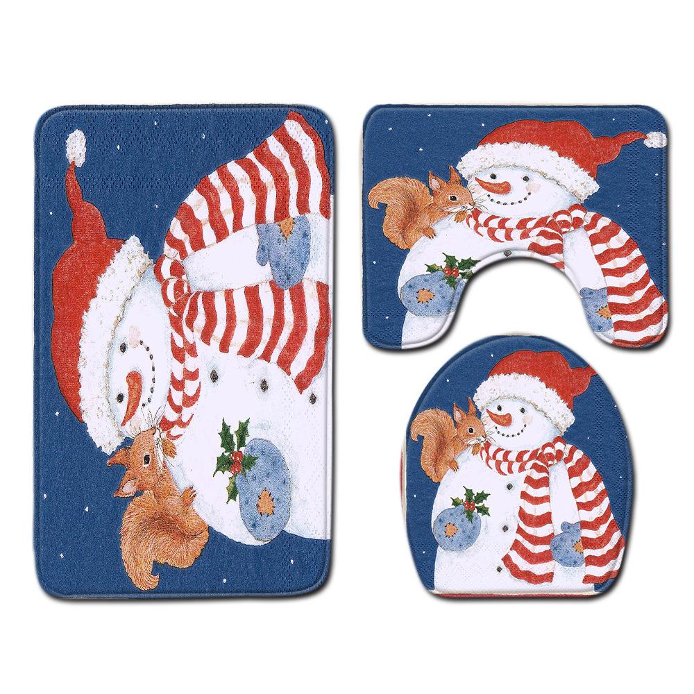 Christmas Shower Curtain Floor Mat Combination Four-Piece Set Bathroom Toilet Carpet Shower Room Mat Foot Mat