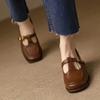 Women's T Strap Leather Shoes Square Toe Oxford Brown Mid Heels Designer Black Pumps Chunky Sewing Dress Shoes