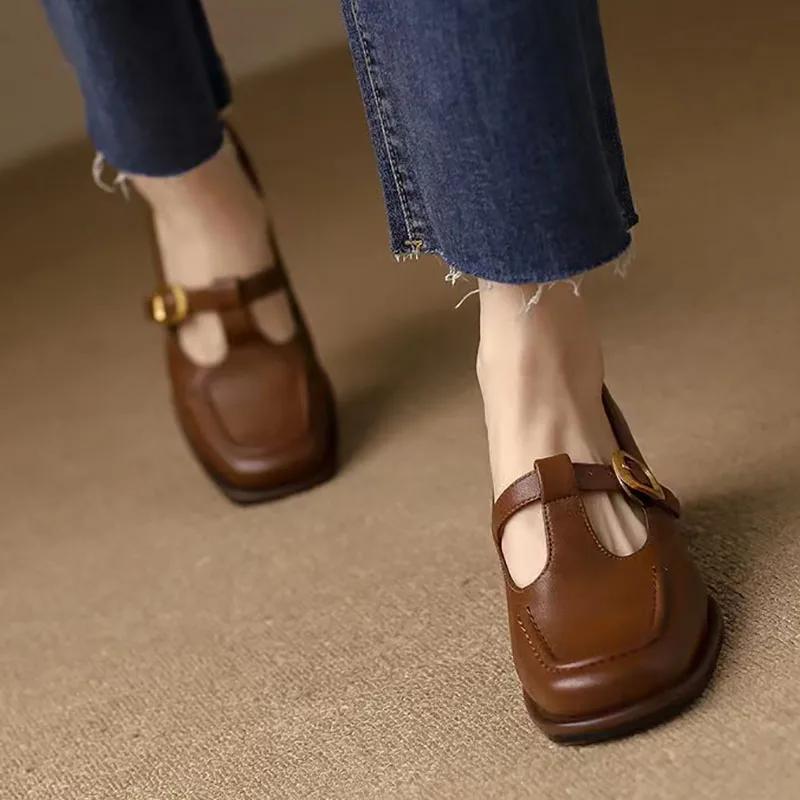 Women's T Strap Leather Shoes Square Toe Oxford Brown Mid Heels Designer Black Pumps Chunky Sewing Dress Shoes