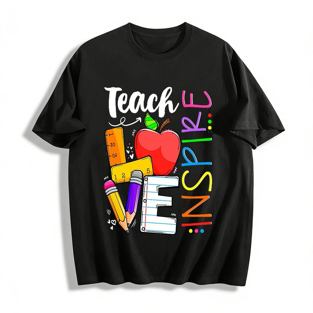 Teach Love Inspire Teacher Print Top Apple Stationery Graphic Casual Tee Pure cotton T-shirt XXS