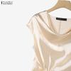 ZANZEA Women Elegant Round Neck Lace-Up Casual Short Sleeve Blouse