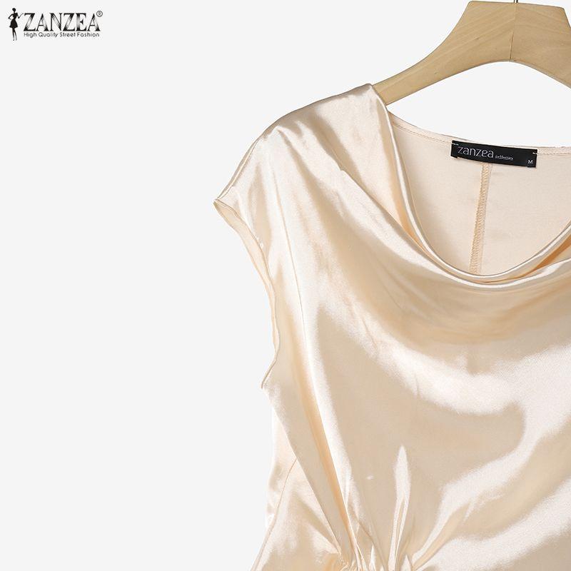 ZANZEA Women Elegant Round Neck Lace-Up Casual Short Sleeve Blouse