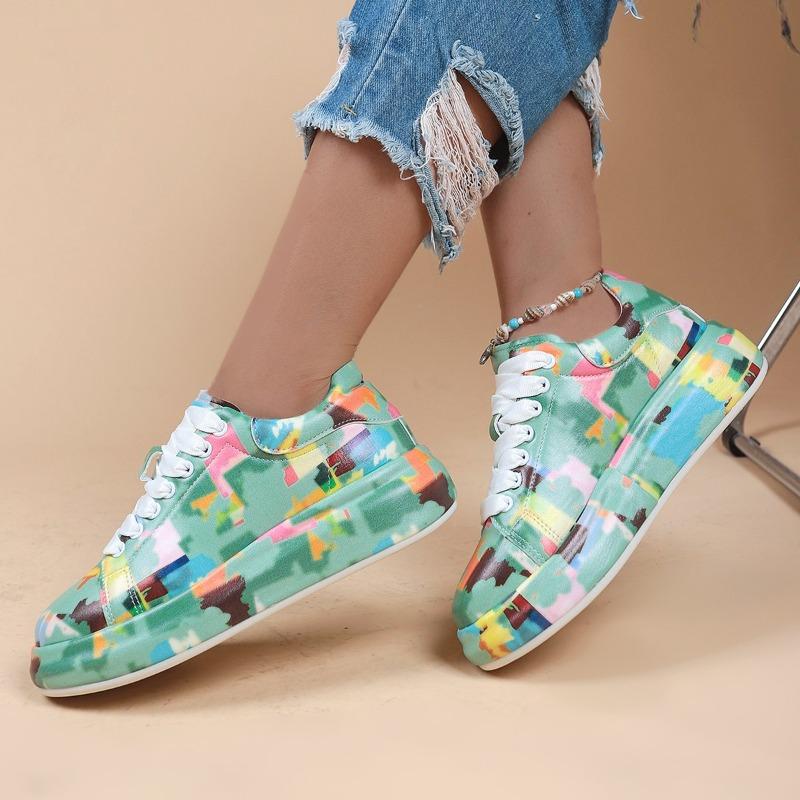 Sportschuhe mit Graffiti-Print für Damen, modische Plateau-Sneaker mit Schnürung und niedrigem Oberteil, lässige Skateschuhe