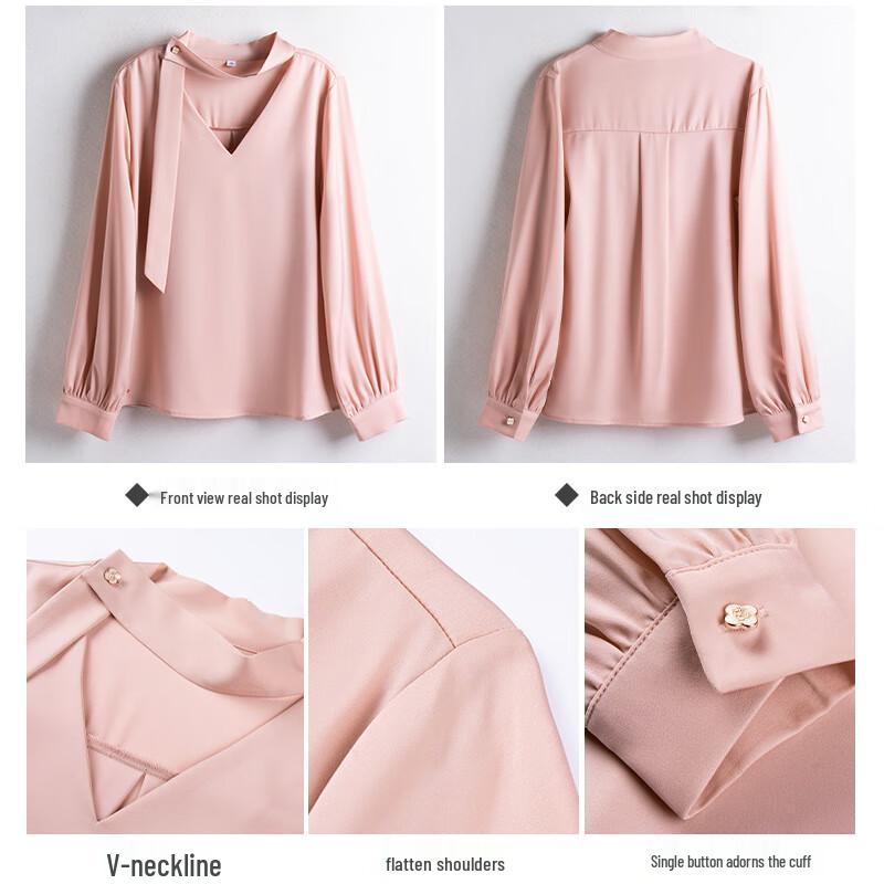 Women's French Style V-Neck Chiffon Ribbon Tie Shirt