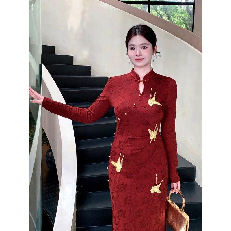 Meet the Plus-Size Women s New Chinese-Style Improved Cheongsam Dress, Large Size Engagement Long-Sleeve Jacquard Knit Red Dress Red L