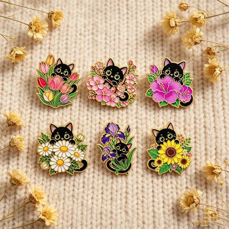1/6Pcs Animal Brooches Flowers Enamel Pin Set Cartoon Black Cat Brooch For Coat Collar Lapel Pins Metal Badges Jewelry Gift