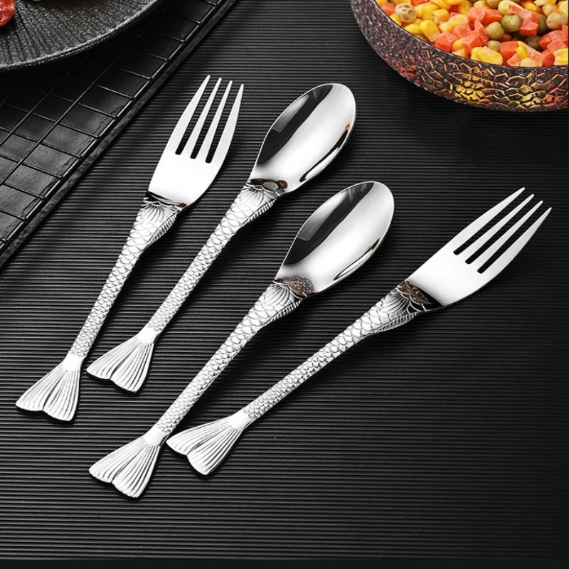 2 ks Nerezová ocel Kreativní Rybí ocas Jídelní lžíce Vidlička Jídelní lžíce Obličej Dětská vidlička Dezertní Ovocná vidlička Sada nádobí