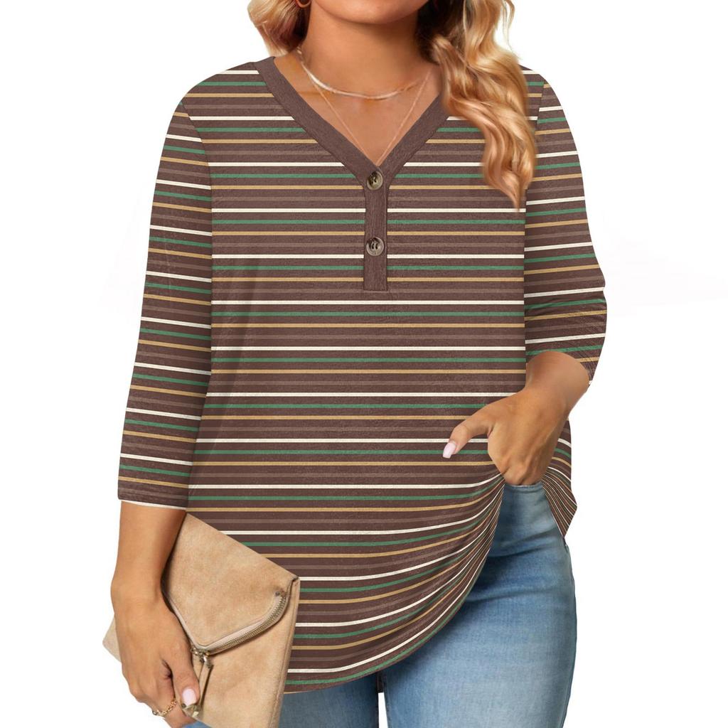 Womens 3/4 Length Sleeve Tops Plus Size Button Down V Neck Shirts Blouses Casual Printing Loose