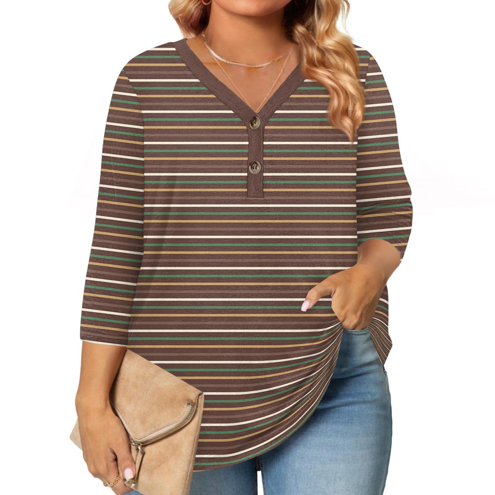 

Womens 3/4 Length Sleeve Tops Plus Size Button Down V Neck Shirts Blouses Casual Printing Loose XXXL коричневий