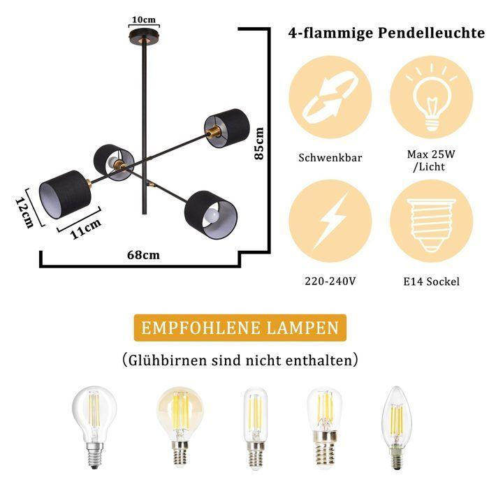 NETTLIFE Suspension - 68x68x85 cm - Noir - Métal - 4 ampoules E27