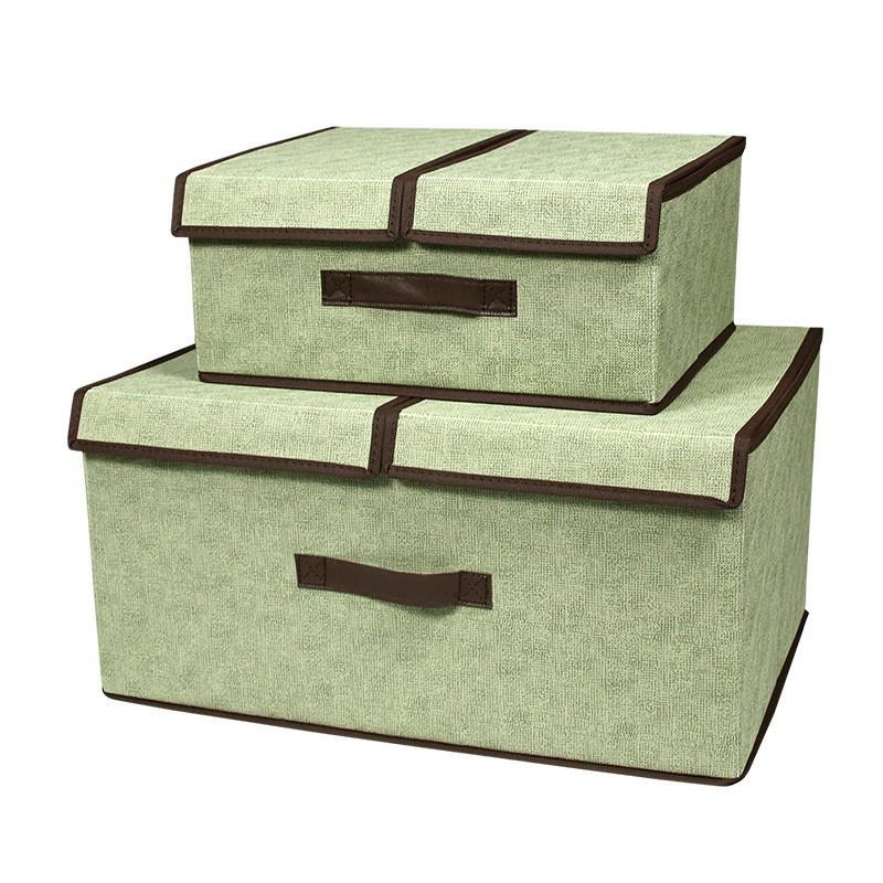 Foldable Cotton & Linen Double-Lid Storage Box with Handle for Clothes and Pants
