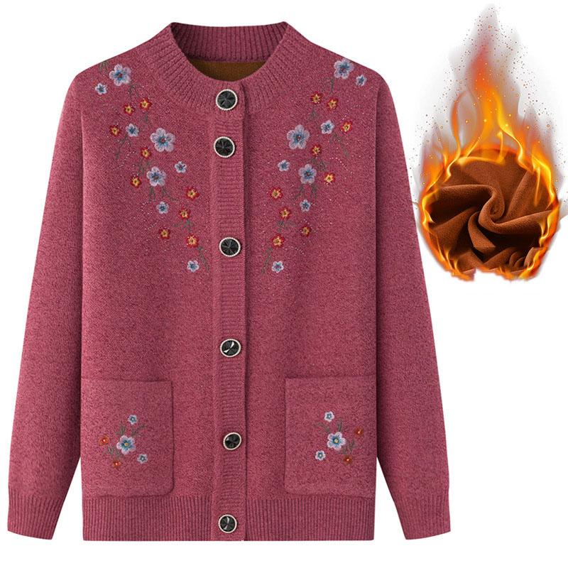 

Зимний флисовый утолщенный вязаный свитер для мам с вышивкой, элегантная одежда для пожилых людей XXXL темно-розовый