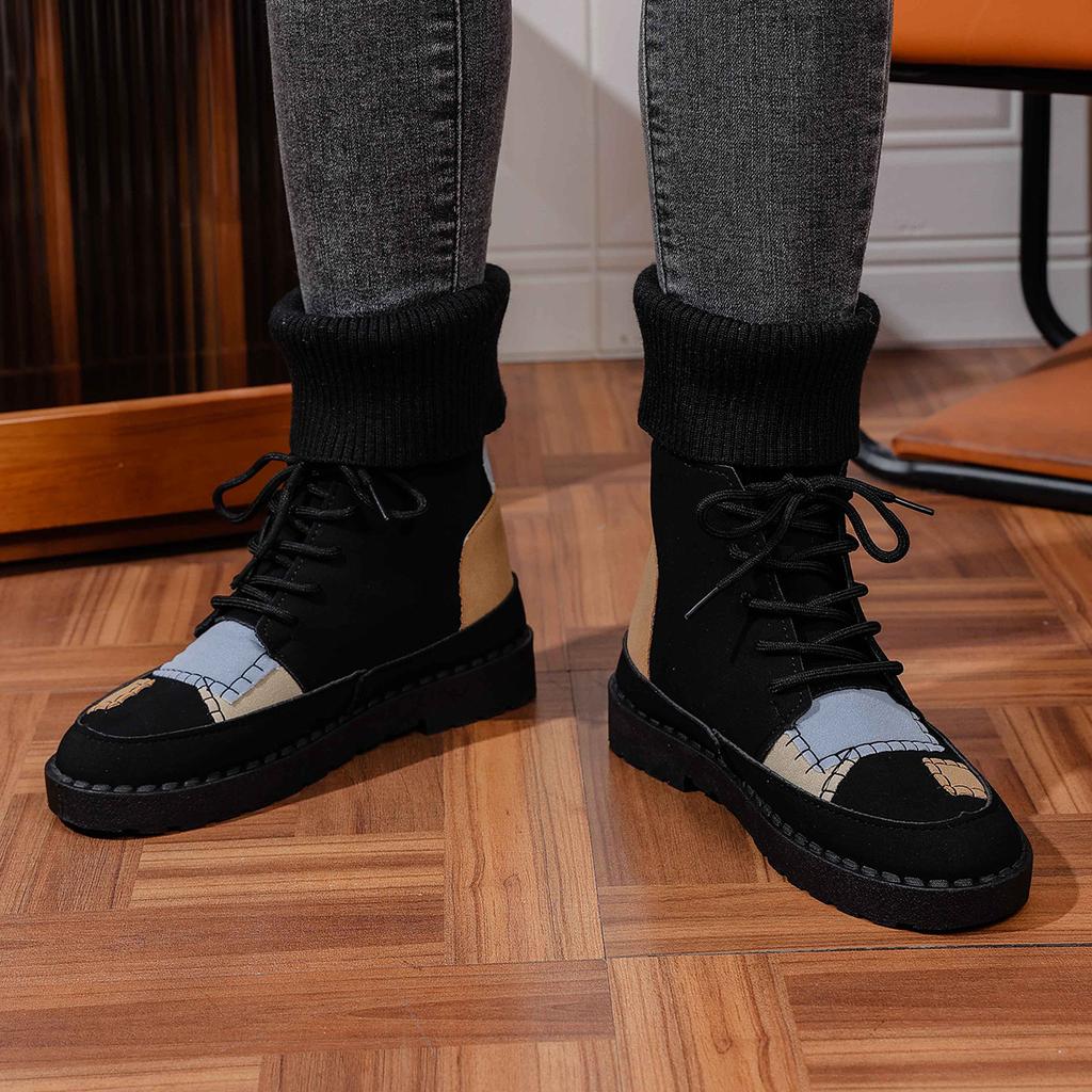 Plus Size Patchwork Martin Boots,Round Toe Mid-Calf Knit Collar Ankle Boots Women